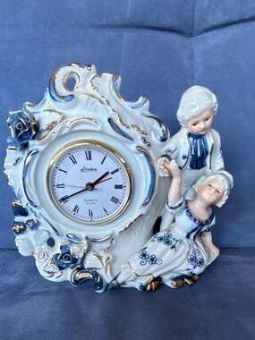 Vintage Linden Quartz Porcelain Figural Mantel Clock with Dancing Victorian Coup